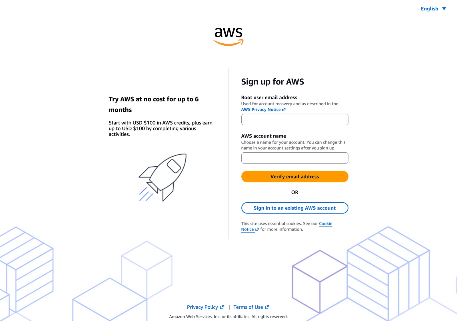AWS 가입 첫 화면 — 이메일과 계정 이름을 넣는 곳