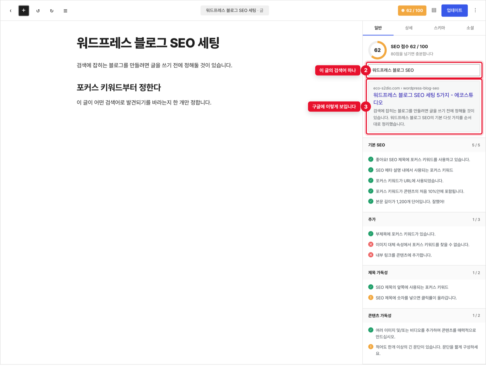 랭크매스 포커스 키워드 입력과 SEO 점수 체크리스트