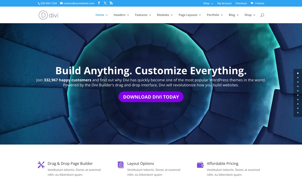Divi 테마 데모 화면