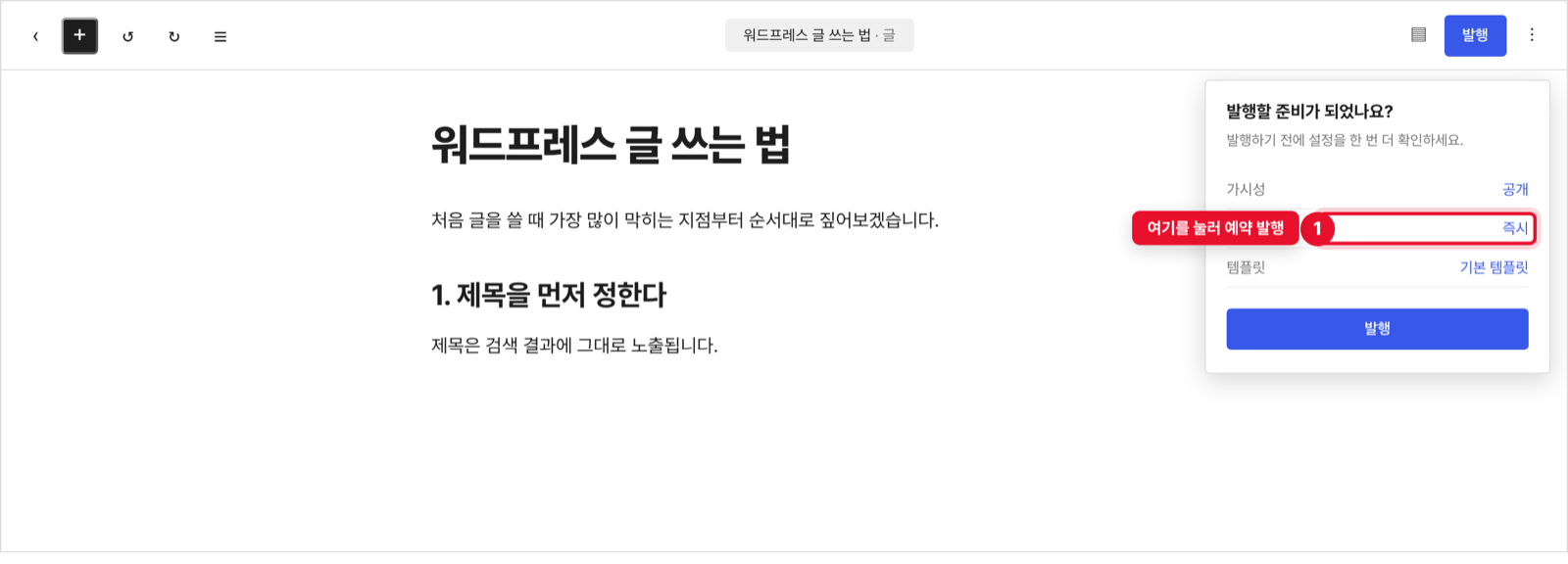 발행 확인 패널과 예약 발행